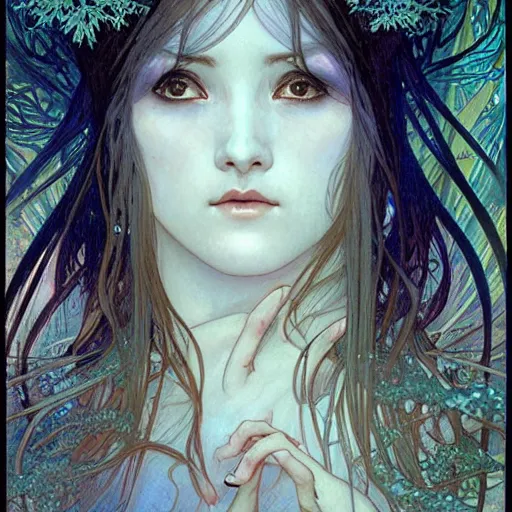 Prompt: realistic detailed face portrait of Yuki-Onna among snowy pine trees by Alphonse Mucha, Ayami Kojima, Amano, Charlie Bowater, Karol Bak, Greg Hildebrandt, Jean Delville, and Mark Brooks, Art Nouveau, Neo-Gothic, gothic, rich deep moody colors