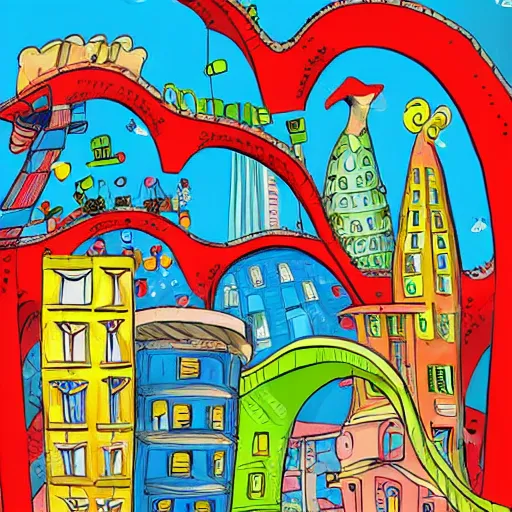 Image similar to fanciful city filled with curvy buildings, by dr seuss, oh the places you'll go, arches, platforms, towers, bridges, stairs, colorful kids book illustration