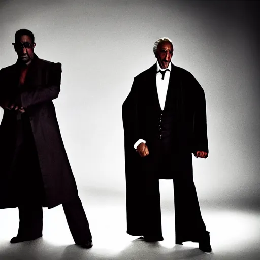 Image similar to Photoshoot of Wesley Snipes as Blade and Christopher Lee as Dracula in the Style of Annie Leibovitz, Studio Lighting