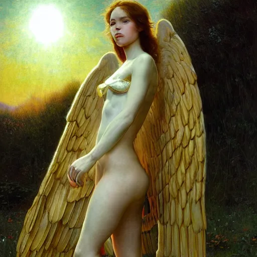 Image similar to epic masterpiece full body portrait a beautiful female angel, flawless skin, perfect body, perfectly formed translucent wings, golden light rays, by Edgar Maxence and Ross Tran and Michael Whelan