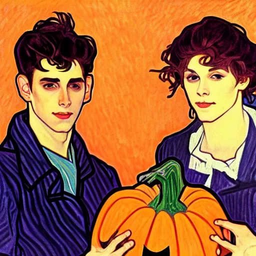 Image similar to painting of handsome young delicate beautiful jeffrey in his 2 0 s with brown hair and gorgeous rina together at the jack o'lantern halloween party holding pumpkins, elegant, clear, painting, stylized, art, art by alphonse mucha, vincent van gogh, egon schiele,