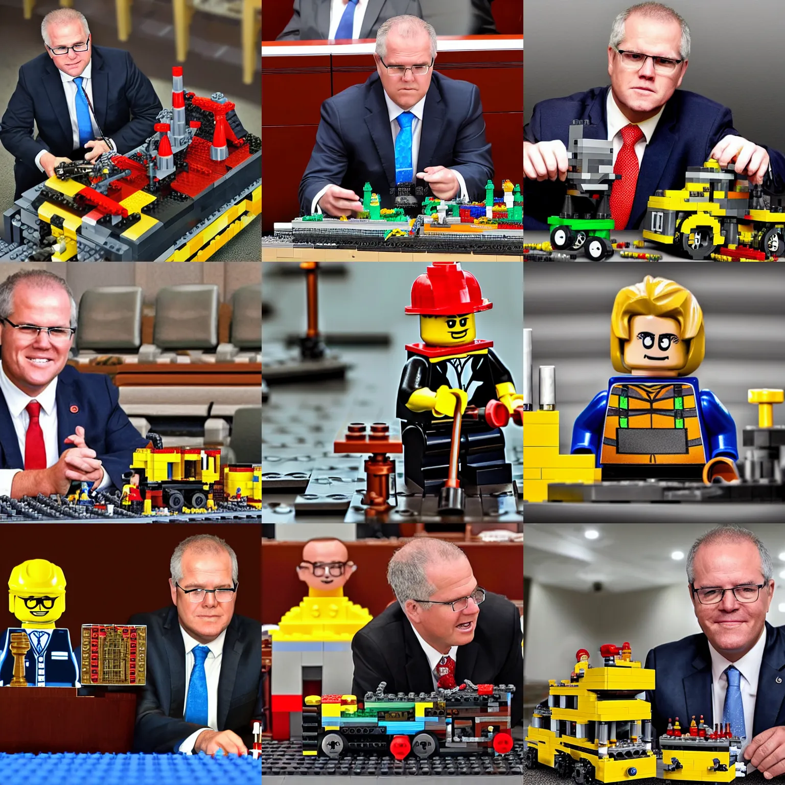 Prompt: scott morrison playing with his iron ore mining drill lego set on the parliament floor, highly detailed photo, retouched in photoshop, detailed face, symmetrical eyes