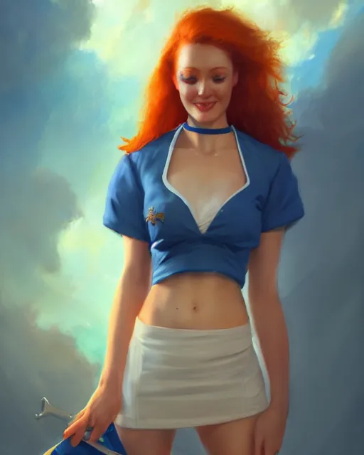 Prompt: cute female flight attendant, perfect face, blue halter top uniform, ginger hair, cinematic, stunning, agile, highly detailed, digital painting, artstation, smooth, hard focus, illustration, art by jessica rossier and and brian froud