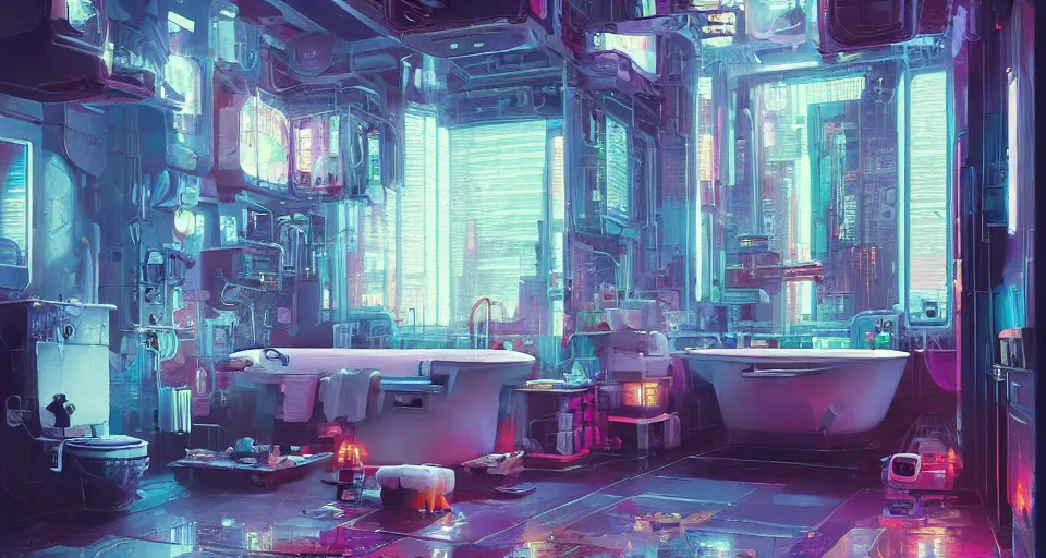 Image similar to IKEA catalogue photo of an epic cyberpunk bathroom, by Paul Lehr, 8k, HD, realistic, cinematic, artstation, details