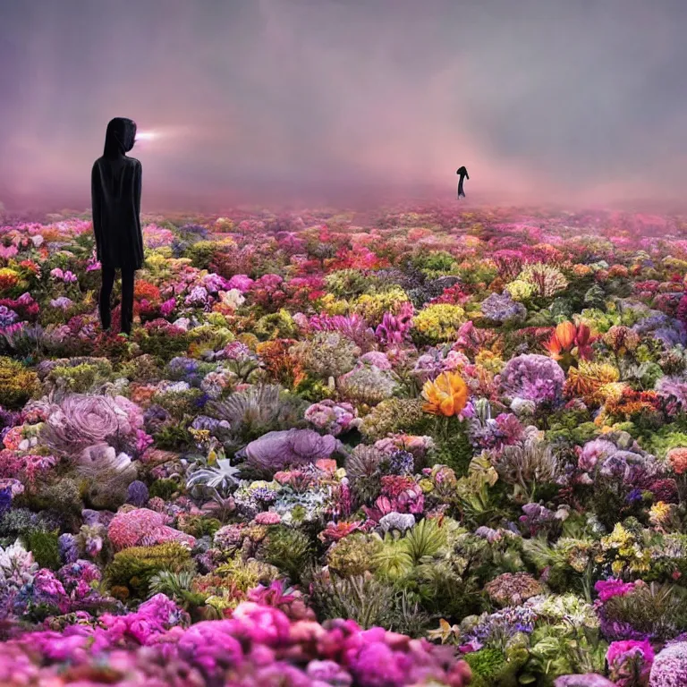 Image similar to a planet of various flowers, fungus and plants, in which the singular human figure is dressed in something magical and impressive, inside the picture is infinity, sunset light, Atmospheric phenomenon, artistic photography, muted colors, conceptual, long exposure outside the city, volumetric light