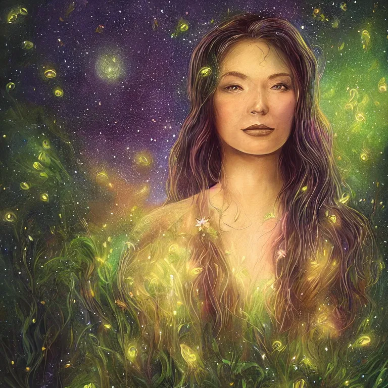 Prompt: beautiful portrait of a single woman with fireflies and stars in her hair, blooming green slopes and lianas in the background, highly detailed, hdr, 8 k resolution, fantasy art, trending on instagram