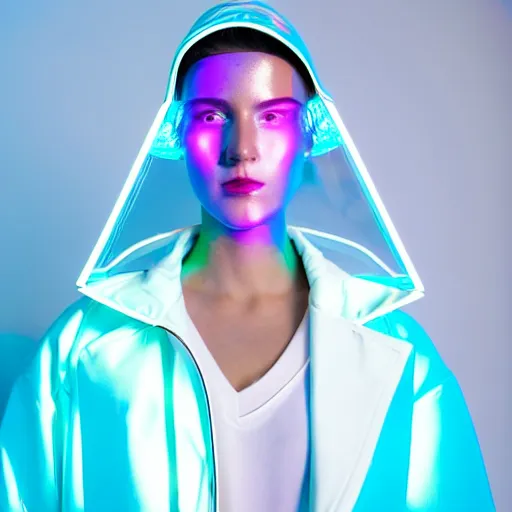 Image similar to an ultra high definition professional studio quality photograph of an artificial celebrity cyberpunk pop star wearing a transparent iridescent perspex pastel coloured face visor and matching raincoat on white coat hook in an empty white room. dramatic lighting. volumetric shadows. light rays