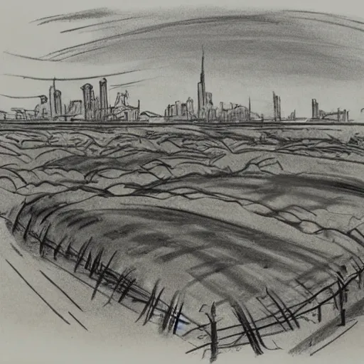 Image similar to milt kahl sketch of world war 1 trenches with the city of miami in the background