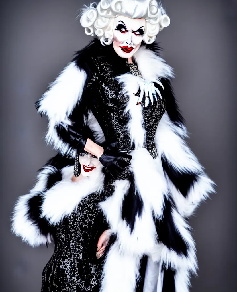 Prompt: cruella in a stunning dress posing for photographers