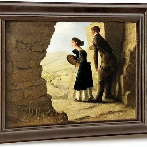 Image similar to young victorian man and woman solving a riddle carved into a stonewall in a dungeon, by alfred stevens