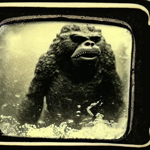 Image similar to tintype photo, underwater, Bigfoot fighting Godzilla
