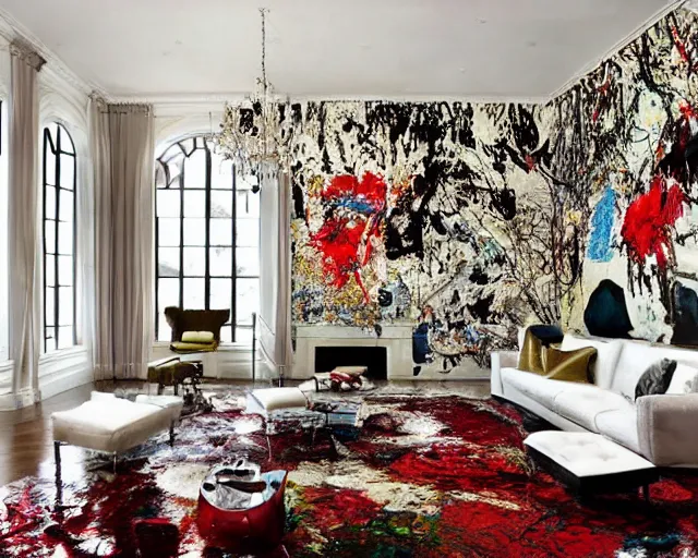 Prompt: Jackson Pollock themed interior design in a fancy mansion