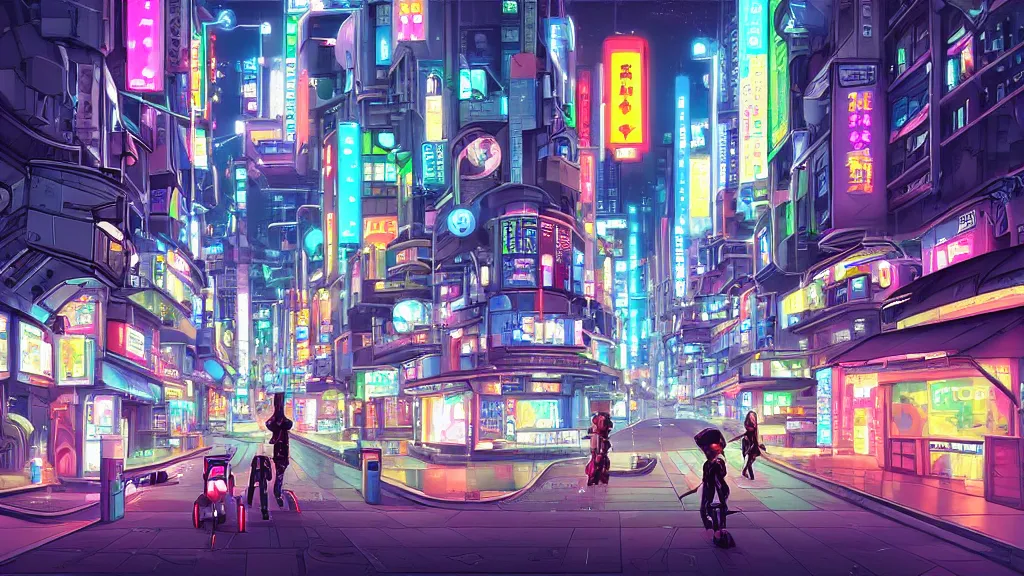 Image similar to street view of futuristic robot tokyo city at night by cyril rolando and naomi okubo and dan mumford and ricardo bofill. robots. robots walking the streets. advertisements for robots. robot shiba inu being walked by robots. robot city. neon advertisements.