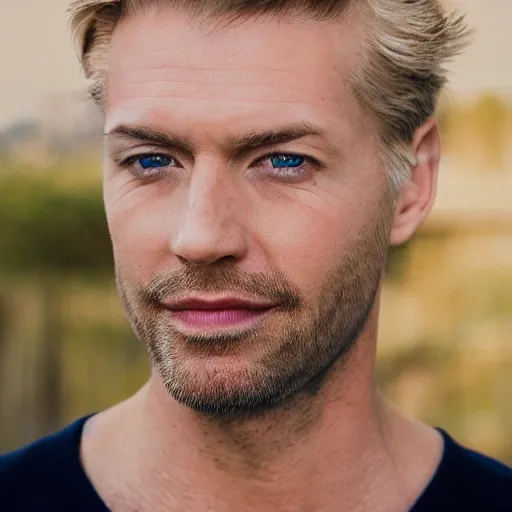 Prompt: close up of face of good looking 4 0 year old blond man with blond stubble, very short wavy blond hair in a short pompadour style, very pale skin, blue eyes, hairy shoulders, hairy chest, color portrait, 4 k