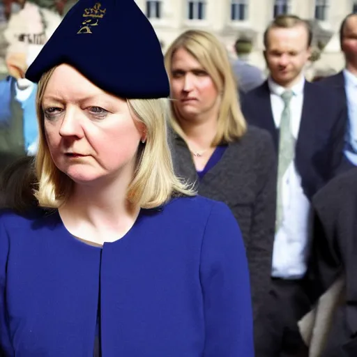 Prompt: conservative mp liz truss looking sad and wearing a dunces cap, editorial photograph