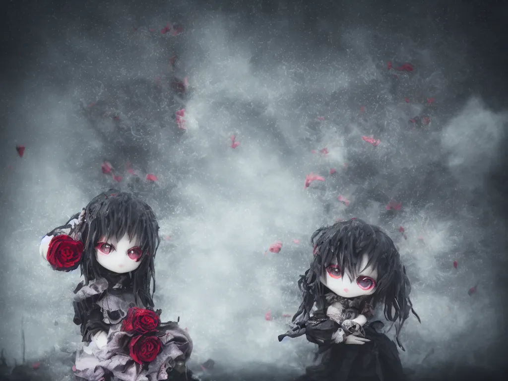 Prompt: cute fumo plush of a gothic maiden girl clutching lots of decayed roses, stale twilight, swirling vortices of emissive smoke and volumetric fog over the river, bokeh, vignette, vray