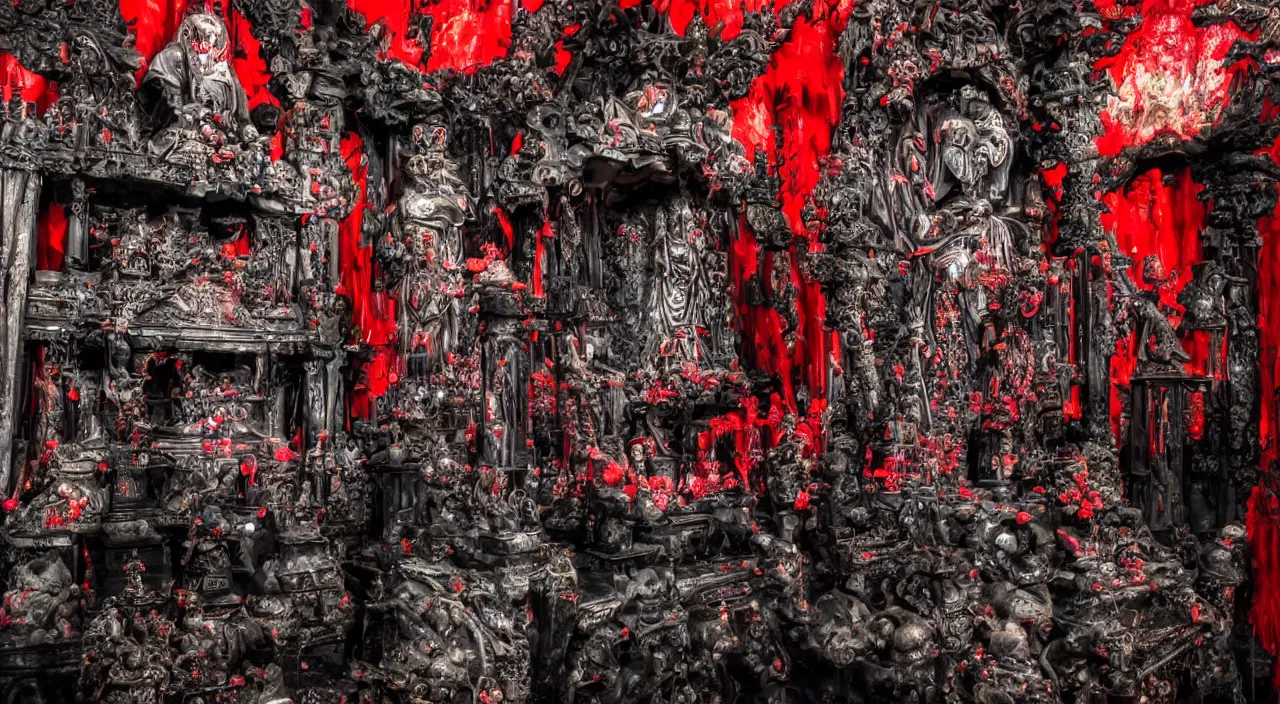 Image similar to Malevolent Shrine, Colorful Digital Photography, Surrounded by Black Water, Dark, Red Shrine, Traditional Shrine, Intricate Detail, ELS, Extreme Long Shot, ISO 100, Horror