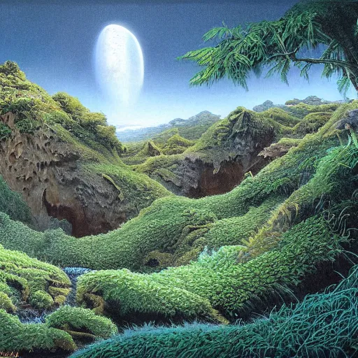 Image similar to painting of a lush natural scene on an alien planet by michael whelan. beautiful landscape. weird vegetation. cliffs and water.