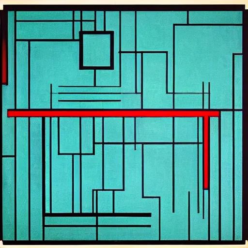 Image similar to “art deco ‘soma’, ‘caves of steel’, piet mondrian, teal palette, 1950’s”