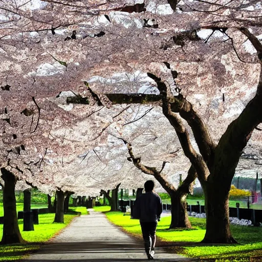 Prompt: a man walks through cherry blossom trees, digital art