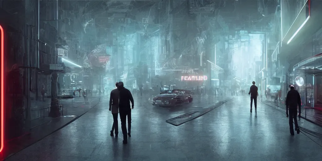 Prompt: a detailed hyper realistic commercial of a father and his son walking in a realistic neon room with Virtual reality headsets experience digital wildlife, artstation, sophisticated, depth of field, misty, detailed, Unreal engine, dystopia, anti-utopia, post processing, nostalgic melancholic artwork, intricate