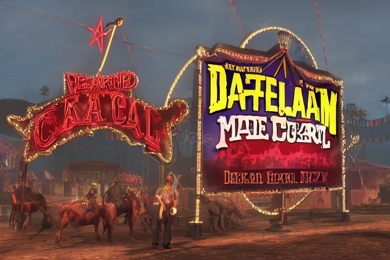 Prompt: 3d sculpt of an arched sign for a circus called 'the dark metal carnival', red dead redemption2, las vegas, artstaton, digital illustration