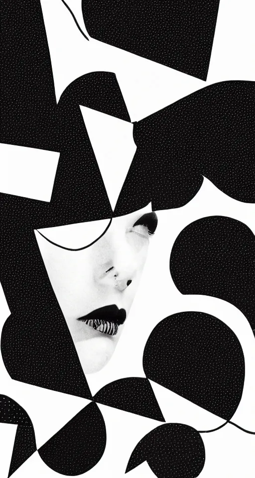 Image similar to Fashion Graphic Design and Illustration made in collage technique with minimalist geometric shapes, typography, heading text, subtext, black and white colors, lines, dots, scribbles, unbalanced, blank paper