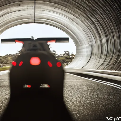 Image similar to a photo of an F22 flying towards the camera, speeding and exiting a tight well-lit highway tunnel, cinematic lighting, long shot angle, centered composition, 1/400 f5 ISO400 11mm lens, 4k