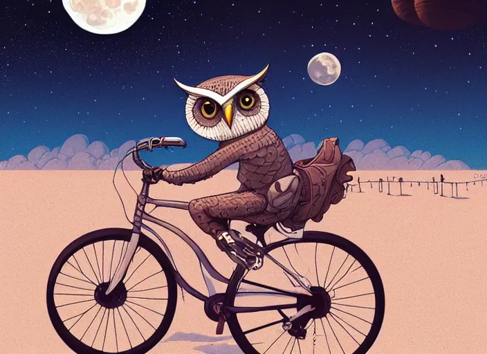 Image similar to a cell shaded cartoon owl riding a bicycle, with a big head, on a desert road, wide shot, in front of a big moon, muted colors, post grunge, josan gonzales, wlop, by james jean, victor ngai, hq, deviantart, art by artgerm