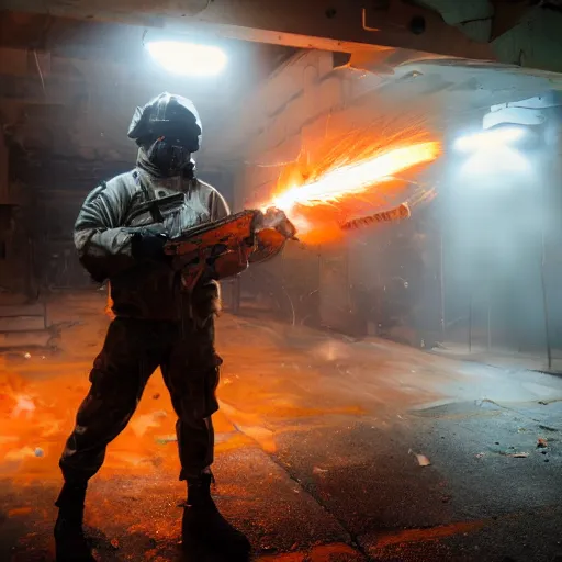 Image similar to soldier with toaster oven augmentation, dark messy smoke - filled cluttered workshop, dark, dramatic lighting, orange tint, sparks, cinematic, highly detailed, sci - fi, futuristic, movie still