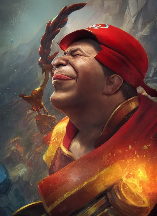 Image similar to the hugo chavez as a character from league of legends, hyper detailed, digital art, overhead view, trending in artstation, studio quality, smooth render, unreal engine 5 rendered, octane rendered, art style by klimt and nixeu and ian sprigger and wlop and krenz cushart