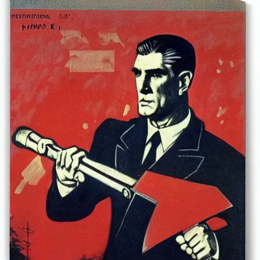 Prompt: soviet propaganda of robert mueller holding a hammer and sickle in realistic collective farm, by j. c. leyendecker, bosch, and beksinski