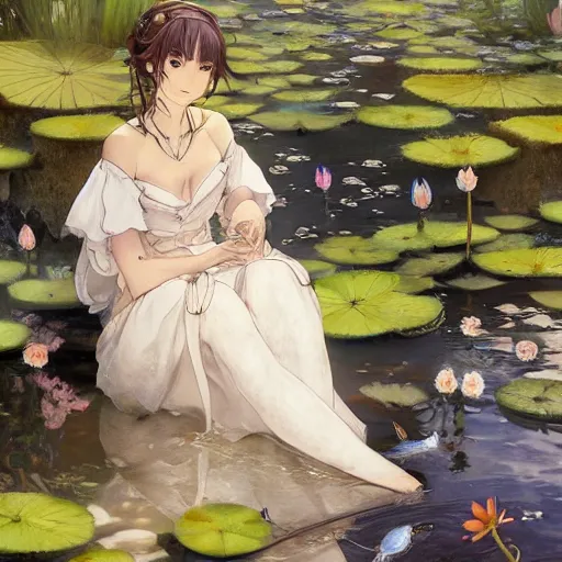 Prompt: isekai masterpiece drawn by bowater charlie, cabanel alexandre, james c. christensen, cornwell dean, of a beautiful anime girl sitting in a pond filled with lily pads and koi fish