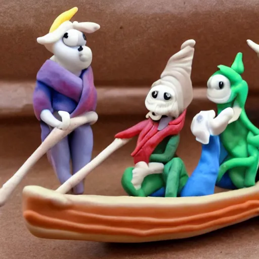 Prompt: polymer clay dragons in a canoe, eating pizza, claymation