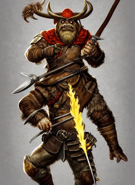 Prompt: strong young man, photorealistic bugbear ranger holding a flaming sword, black beard, dungeons and dragons, pathfinder, roleplaying game art, hunters gear, jeweled ornate leather and steel armour, concept art, character design on white background, by alan lee, norman rockwell, makoto shinkai, kim jung giu, poster art, colours red and green