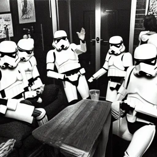 Prompt: an analog photo of stormtroopers having a house party in 1 9 7 3, doing drinking games