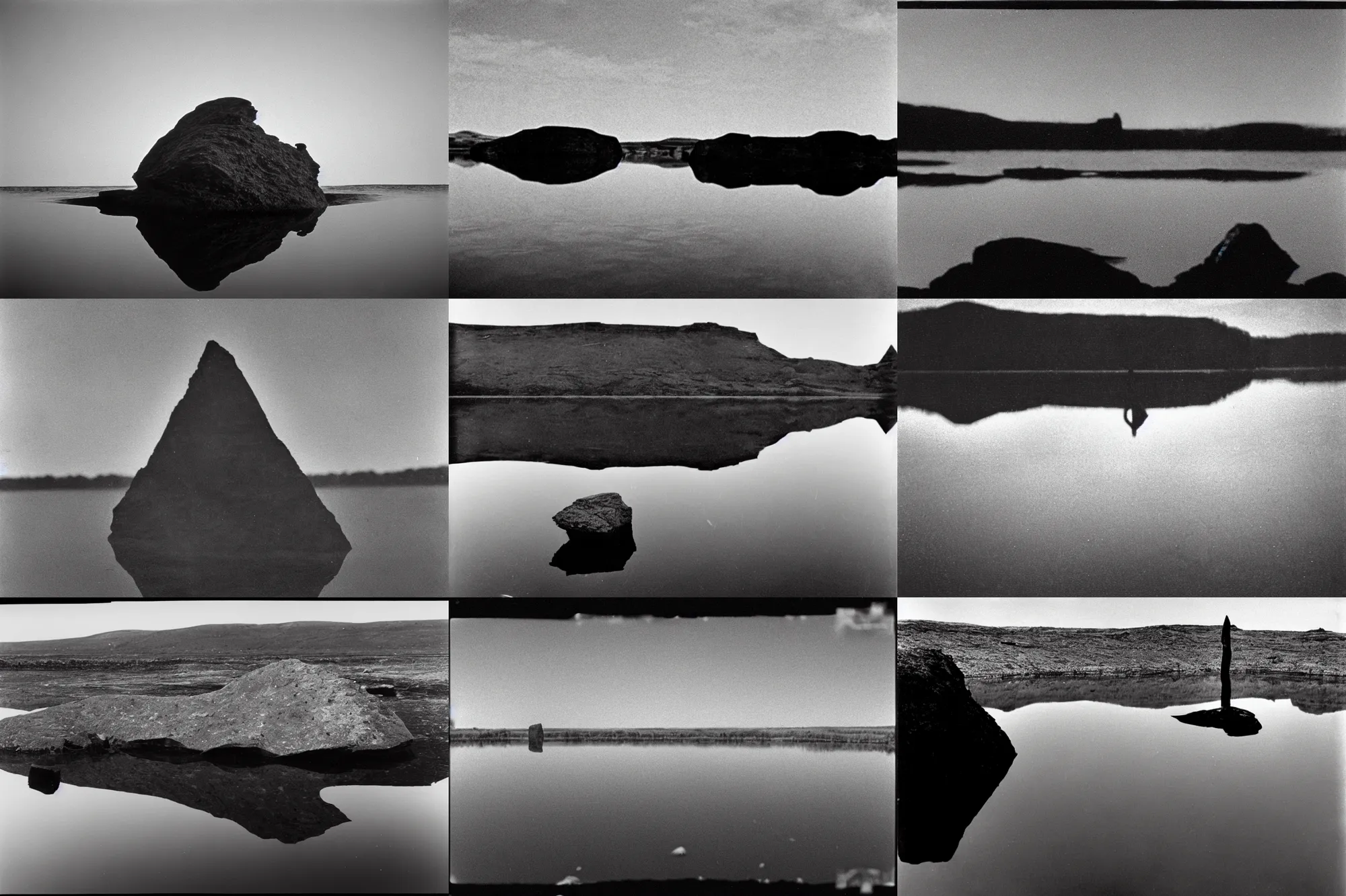 Prompt: declassified photograph of rock in still pond with silhouette of triangular classified aircraft reflected above, film grain, 3 5 mm lens, wales, government archive