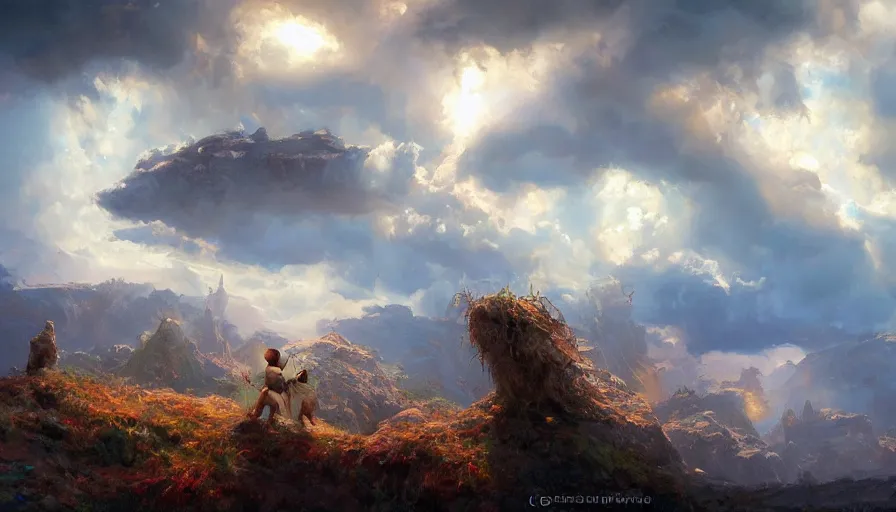 Image similar to excellent painted deamon in a surreal landscape in another dimension with fluffy clouds, painted by Hans Fredrik Gude, Greg Rutkowksi, Craig Mullins and Artgerm, concept art 2022, 4k, ultra realistic highly detailed oil painting