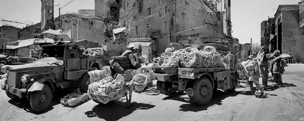 Prompt: transporting spaghetti, world war 2, u. s. army, canon 5 0 mm, kodachrome, in the style of ansel adams, retro