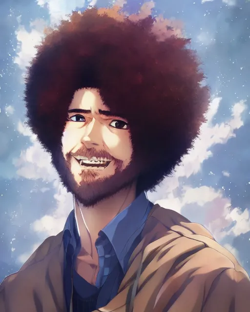 Image similar to anime portrait of Bob Ross as an anime man by Stanley Artgerm Lau, WLOP, Rossdraws, James Jean, Andrei Riabovitchev, Marc Simonetti, and Sakimichan, trending on artstation