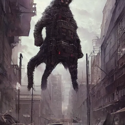 Image similar to gigantic cat walking on apocalyptic city, very detailed fine art, top of pinterest, trend of artistation, style of ( ( kadinski ) ) ( ( ( ( ( greg rutkowski ) ) ) ) ) and ilia kuvshinov