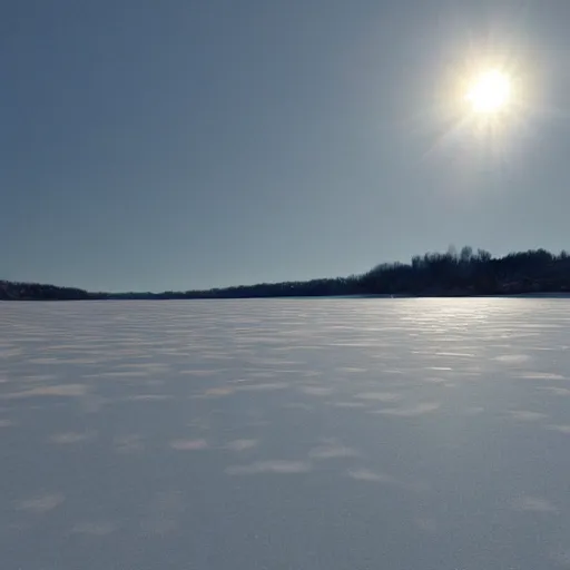 Image similar to High quality photo of sun setting over the frozen lake in winter surrounded by nature, 4k highly detailed, artstation