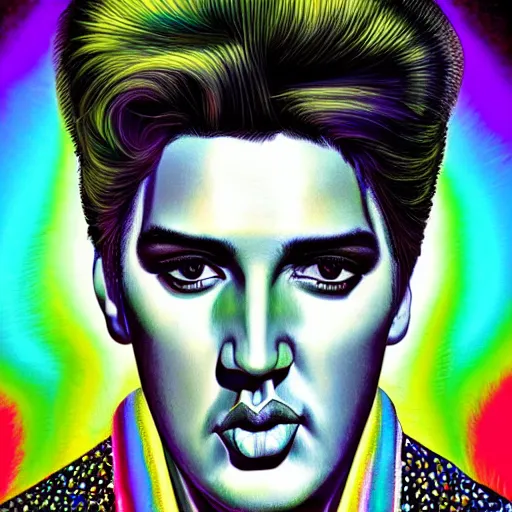 Image similar to an extremely psychedelic portrait of elvis, surreal, lsd, face, detailed, intricate, elegant, lithe, highly detailed, digital painting, artstation, concept art, smooth, sharp focus, illustration