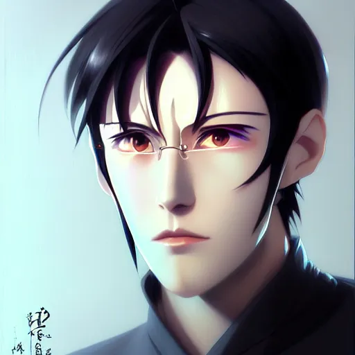 Image similar to portrait of gendo ikari evangelion, male, thin pursed lips, sharp jaw light black hair soft hair swept back short length hair, anime, fantasy, intricate, elegant, stern, highly detailed, digital painting, artstation sharp focus, hunterpedia madonna art by artgerm and ruan jia and ross tran