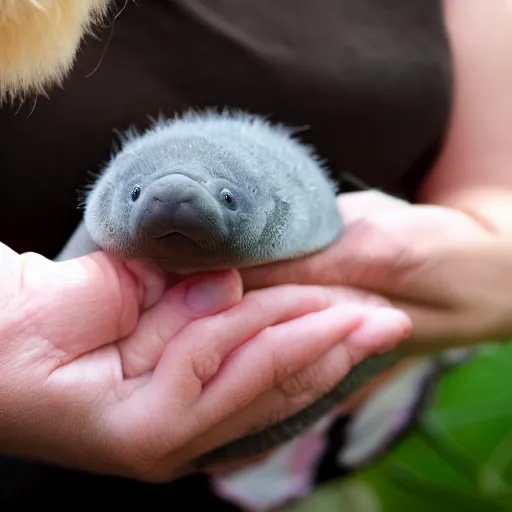 Prompt: incredibly fantastically stupendously fluffy tiny pygmy baby manatee being cradled by a person, realistic, fantasy, pet, adorable, national geographic