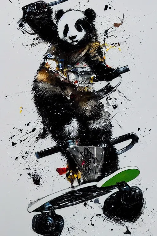 Prompt: a panda riding a skateboard in the style of yoji shinkawa and ashley wood, splatters, detailed