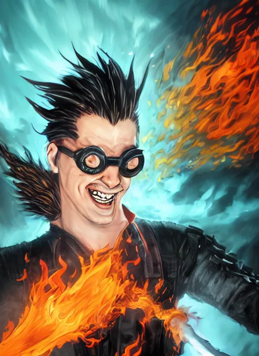 Image similar to An epic fantasy comic book style portrait painting of young man with red spiked long hair, using an orange lens googles. Wearing white shirt, a black waistcoat, brown pants and black boots. He is throwing a wild fire blast from his hands, with a vicious smile in face. Unreal 5, DAZ, hyperrealistic, octane render, cosplay, RPG portrait, dynamic lighting