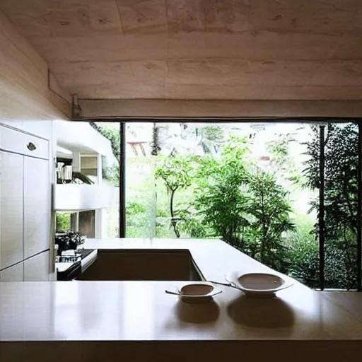 Image similar to “extravagant luxury modern kitchen, interior design, natural materials, potted plants, fresh vegetables, by Tadao Ando and Koichi Takada”