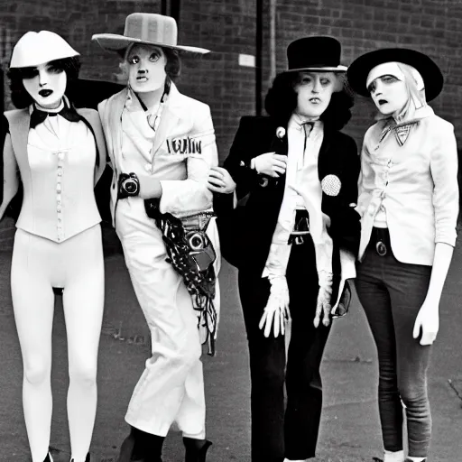 Image similar to hooligan punk woman, female droog, a clockwork orange, woman wearing bowler hat, 1 9 7 1, 1 9 7 1 dystopian england