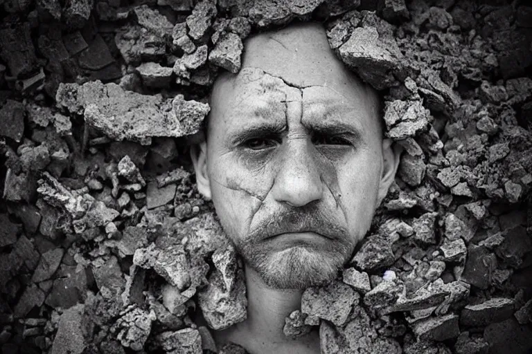 Image similar to “a disturbed man looking at his crumbling limbs, extreme detail, particles drifting across the frame”